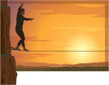 İp cambazı, siluet içinde yürüyen bir erkek, bir ipin üzerinde dengede duruyor. Yerin üstünde asılı duran bir uçuruma. Arka planda bulutlar ve günbatımı gökyüzü var.