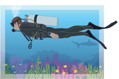 Tüplü dalış, dalış kıyafeti giyen erkek dalgıç ve nefes alma ekipmanları kullanarak, açık mavi tropikal okyanusun derinliklerinde mercan resiflerini keşfediyor. 