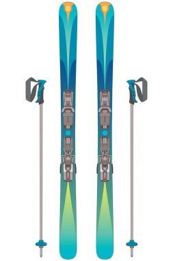 Yarı boru kayağı, bir çift kayak ve kayak direği beyaz arka planda izole bir şekilde duruyor.