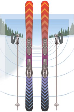 Yarı boru kayağı, bir çift kayak ve ayakta duran kayak direkleri, arka planda karla kaplı borular.