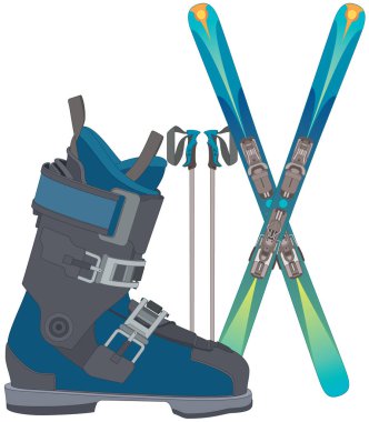 Yarı boru kayağı, kayak botu profili, bir çift kayak takımı ve beyaz arka planda izole edilmiş iki kayak direği.