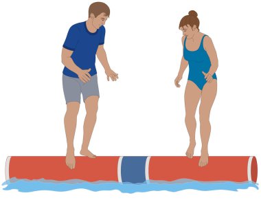 Kütük yuvarlama, rakipler erkek ve dişi yuvarlama, suda izole edilmiş yüzen bir kütük üzerinde antrenman, beyaz bir arka planda izole