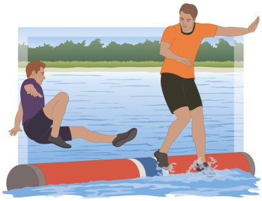 Kütük yuvarlanıyor, iki erkek rakip açık denizde yüzen bir kütükte idman yapıyor ve bir tekerlek kütükten düşüyor.