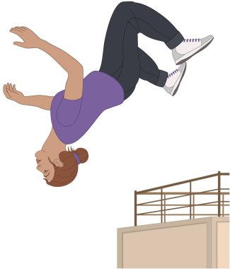 Beyaz arka planda izole bir duvardan ters takla atan havadaki bayan sporcu.