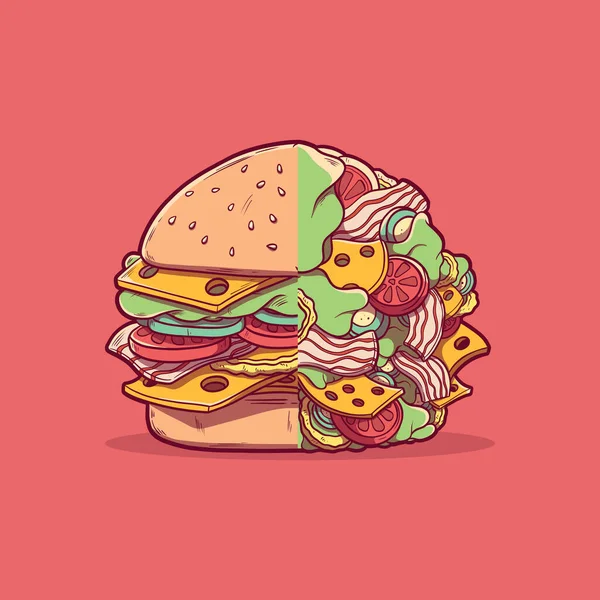 Fast Food Burger Różnymi Elementami Wektor Ilustracji Żywność Koncepcja Marki — Wektor stockowy