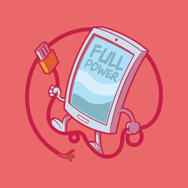 Kablo vektör illüstrasyonunu yükleyen akıllı telefon karakteri. Bağlantı, teknoloji, enerji tasarımı kavramı.