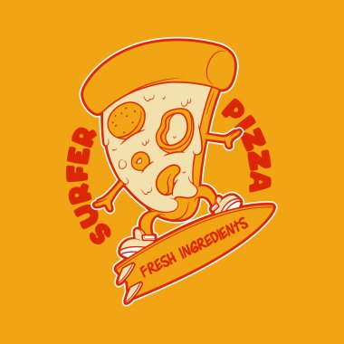 Cool Pizza Slice character surfing vector illustration. Food, sport, brand design concept. clipart