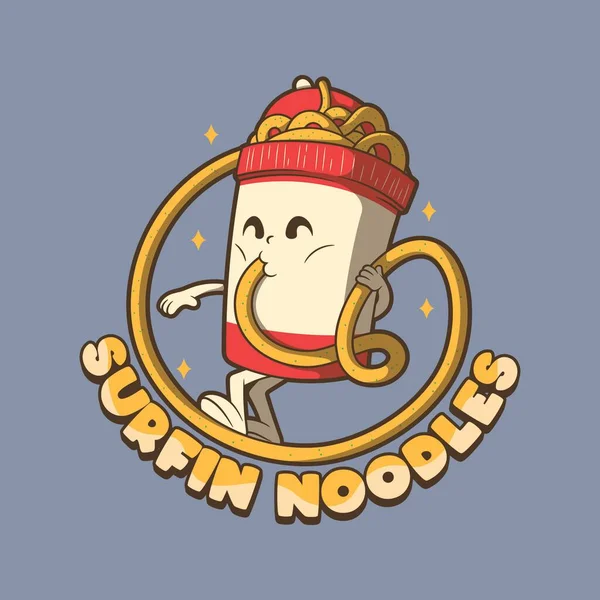 Κύπελλο Noodles Χαρακτήρα Surfing Ένα Noodle Διανυσματική Απεικόνιση Τρόφιμα Λογότυπο — Διανυσματικό Αρχείο