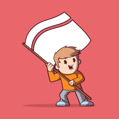 Bayrak taşıyıcı illüstrasyon sallayan bir karakter. Kutlama, umut, mutluluk tasarımı konsepti.