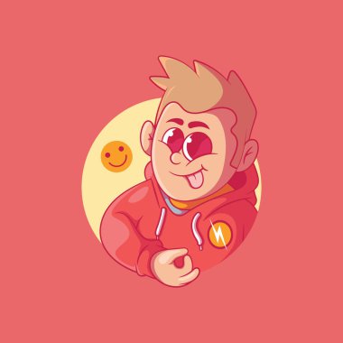 Cool Karakter dikkat çekmek için el işareti yapıyor. Komik, gülümse, tasarım konseptini paylaş.