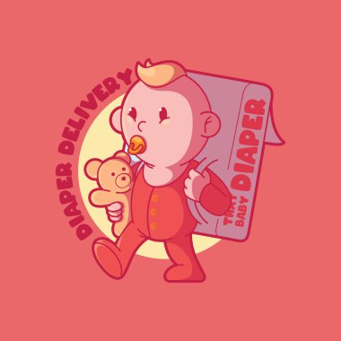 Baby character delivering diapers vector illustration. Business, brand, cute design concept.
