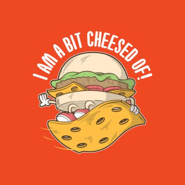 Burger character surfing a piece of cheese vector illustration. Funny, fast-food, sports design concept.