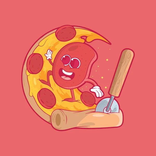 Salami Character Surfing Pizza Wave Vector Illustration Sport Food Brand — Stock vektor
