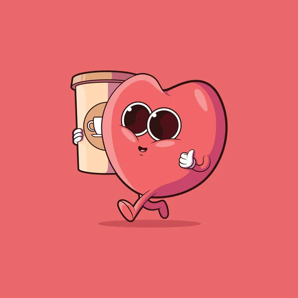 Hjärtformad Karaktär Som Håller Kaffekopp Vektor Illustration Dricka Rolig Motivation — Stock vektor
