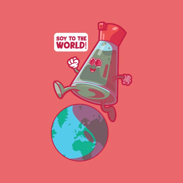 Personaggio Della Bottiglia Soia Che Corre Sopra Illustrazione Vettoriale Mondiale — Vettoriale Stock