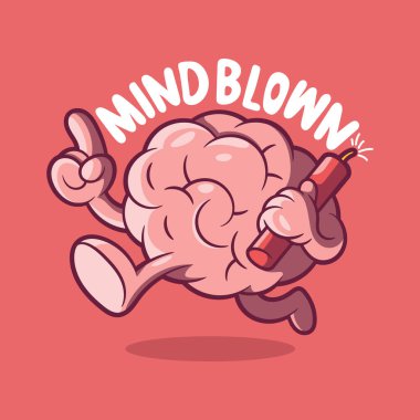 Brain character running with a tnt stick vector illustration. Brainstorming, innovation design concept. clipart