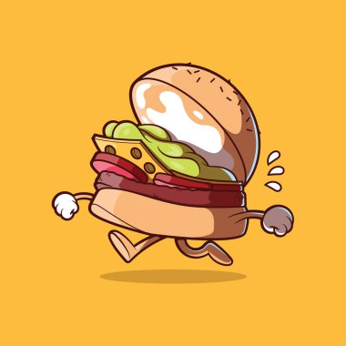 Burger karakteri vektör illüstrasyonunu çalıştırıyor. Fast food, komik, spor tasarımı konsepti.