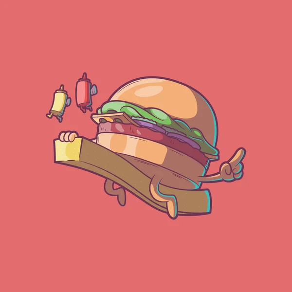 Burger Postać Latająca Ilustracji Wektora Frytek Fast Food Śmieszne Koncepcja — Wektor stockowy