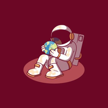 Astronot Karakteri Dünya 'nın vektör çizimini tutuyor. Ekoloji, doğa, maskot tasarımı konsepti.