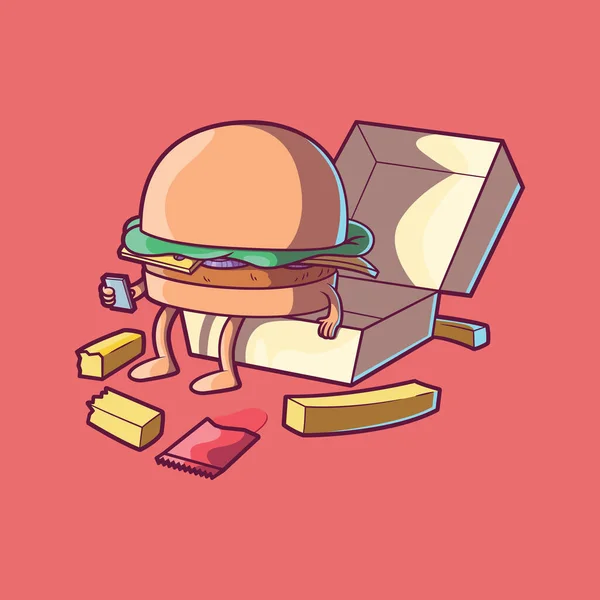ファーストフードボックスのベクターイラストに座ったハンバーガーキャラクター 食べ物 面白い ブランドデザインのコンセプト — ストックベクタ