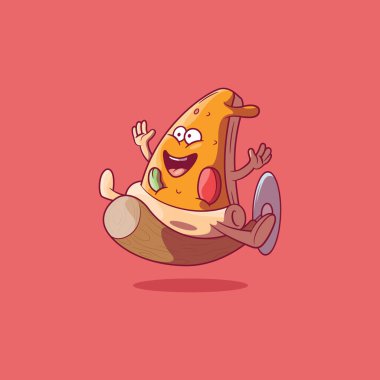 Pizza Kesicisi 'nin vektör illüstrasyonunda pizza dilimi uçuyor. Fast food, marka, komik tasarım konsepti.
