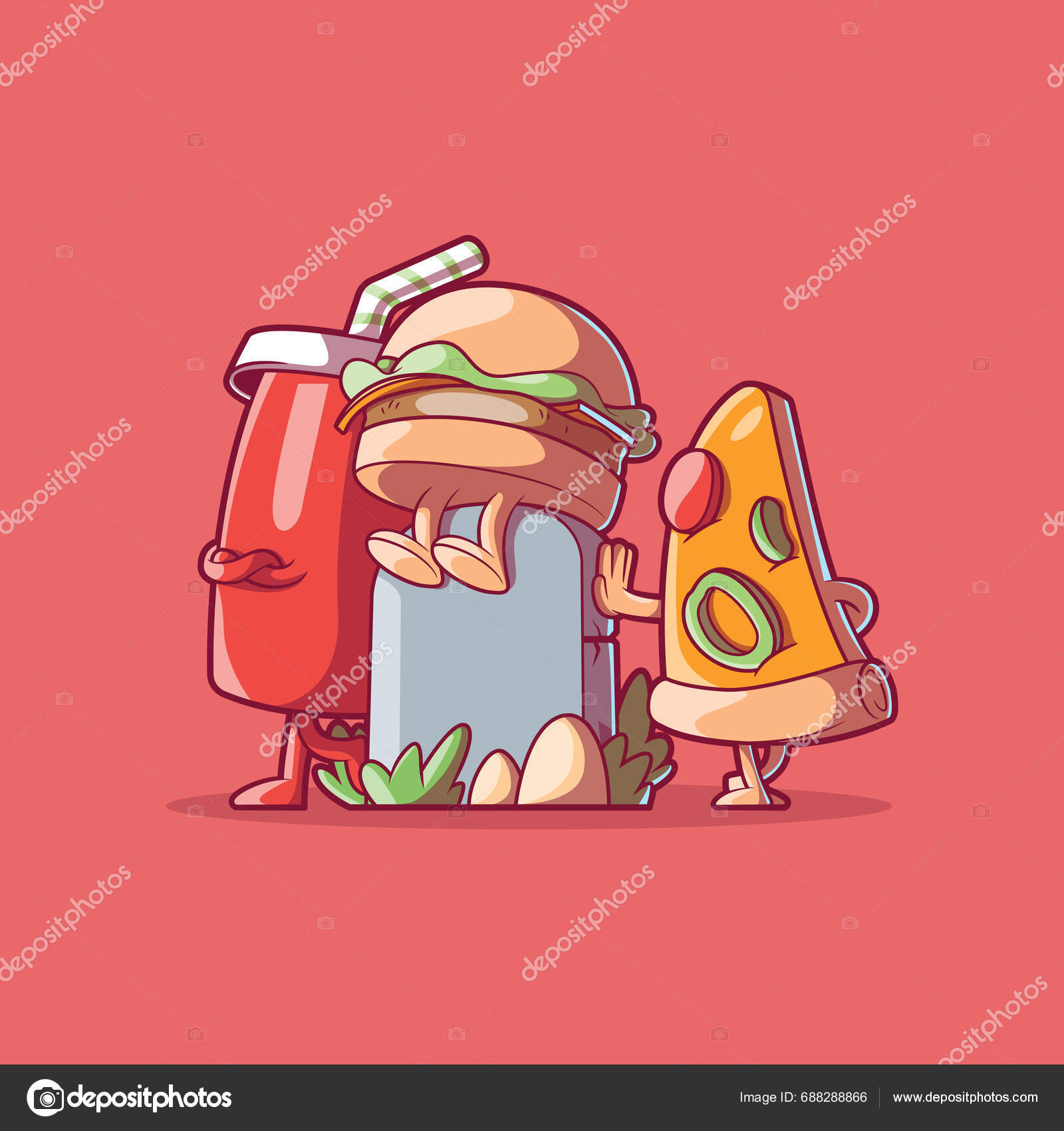 Fast Food Characters Tombstone Vector Illustration Diet Health Funny