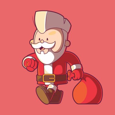 Hediye çantası çizimi olan serseri Noel Baba karakteri. Bayram sezonu, tatil tasarımı konsepti.