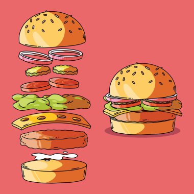 Yeniden yapılandırılmış burger vektör çizimi. Fast food, marka tasarımı konsepti.
