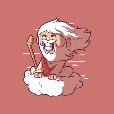 Tanrı karakteri, gülümseyen bir vektör çizimine biniyor. İnanç, maskot, komik tasarım konsepti.