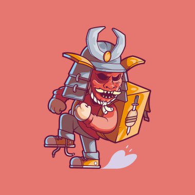 Teslimat Samuray Karakteri Vektör Çizimi. Marka, lojistik tasarım konsepti.