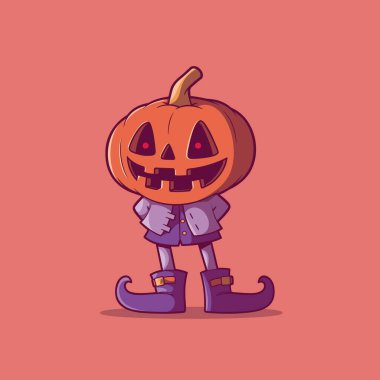 Korkunç bir elbise vektörü çizimi içinde şirin bir balkabağı karakteri. Maskot, ürkütücü tasarım konsepti.