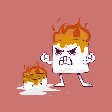 Marshmallow karakteri yanan ve çığlık atan vektör çizimi. Yiyecek, macera tasarımı konsepti.