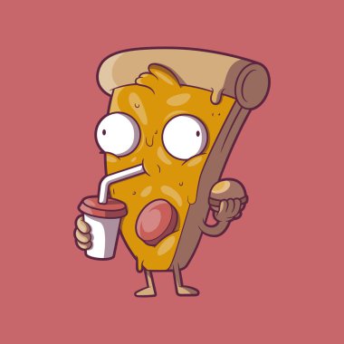 Komik Sevimli Pizza Karakteri Fast Food vektör illüstrasyonunun tadını çıkarıyor. Yiyecek, maskot tasarımı konsepti.