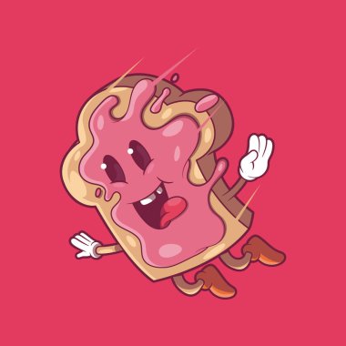 Reçel düşen vektör illüstrasyonuyla kaplı tost karakteri. Yiyecek, maskot tasarımı konsepti.
