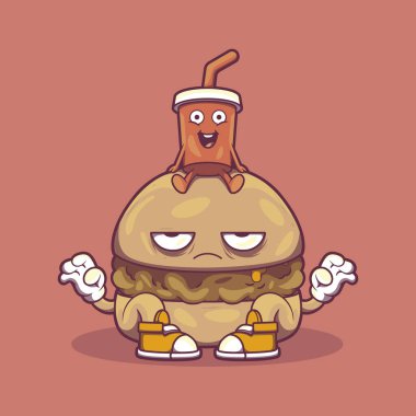 Kafasındaki vektör illüstrasyonunun üstünde gazoz olan kızgın Burger karakteri. Maskot, yemek tasarımı konsepti.
