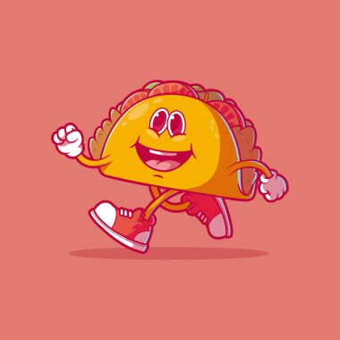Flavor, Happy Taco vektör illüstrasyonuyla çalışıyor. Yiyecek, maskot tasarımı konsepti.
