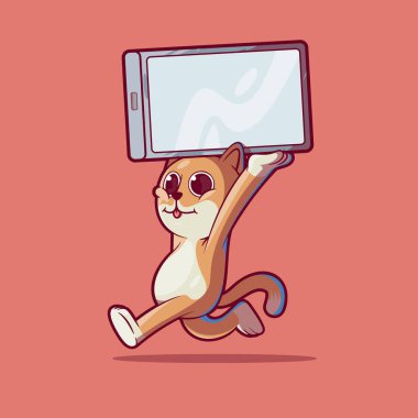Büyük Akıllı Telefon vektör illüstrasyonuyla çalışan Kedi Karakteri. Teknoloji, maskot tasarımı konsepti.