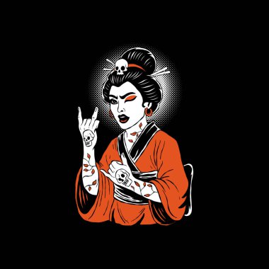 Rocker Geyşa Göz Kırpma Kaya El İşareti vektör çizimi yapıyor. Müzik, Rock tasarım konsepti.