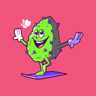 Weed Bud 'ın Yoga Pozu' nda Kelebek vektör çizimini izlemesi. Maskot, marka tasarımı konsepti.
