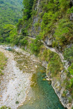 Shakadang Patikası (Gizemli Vadi Patikası) Taroko Ulusal Parkı, Xiulin, Hualien, Tayvan 'daki Taroko Boğazı' nın yeşil dağ ve turkuaz su akıntısı boyunca uzanır.