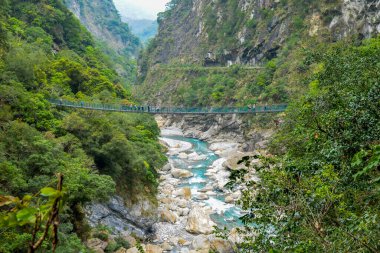Taroko Ulusal Parkı, Xiulin, Hualien, Tayvan 'daki Taroko Vadisi' ndeki yeşil dağ vadisiyle çevrili dar turkuaz Liwu Nehri Geçidi üzerindeki köprü.