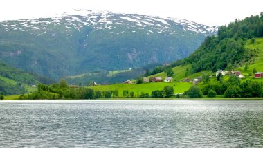 Fiyort tepesinin aşağısındaki geleneksel Norveç köyü karla kaplı dağlarda yeşil ormanlarla çevrili.