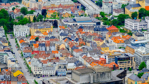 Aerial view (bird eye view) residential village city of Bergen in Norway