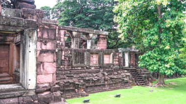 Phimai Tarih Parkı, Nakhon Ratchasima, Tayland 'daki ağaçlarla çevrili antik kumtaşı harabeleri, bu tarihi Budist tapınağı kompleksindeki Khmer mimarisi ile doğa arasındaki uyumu vurguluyor.