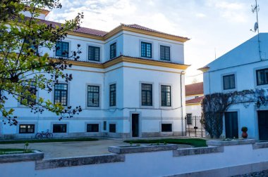 Exterior of a white old mansion in Portuguese style in the Setubal district in Portugal, Europe