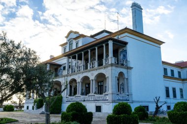 Exterior of a white old mansion in Portuguese style in the Setubal district in Portugal, Europe