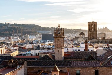 View at the Palau Episcopal de Barcelona Bishop's palace, Montjuic and the National Museum of Catalonia during sunset, Barcelona, Catalonia, Spain, Europe
