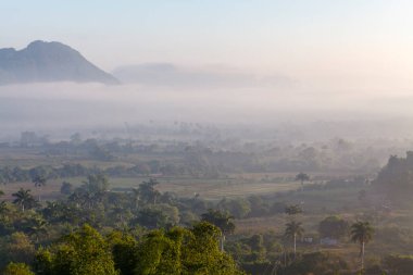 Morning fog over the Valley of Vinales with its big mogotes mountains and tobacco plantations, an Unesco World Heritage Site in Cuba, Caribbean