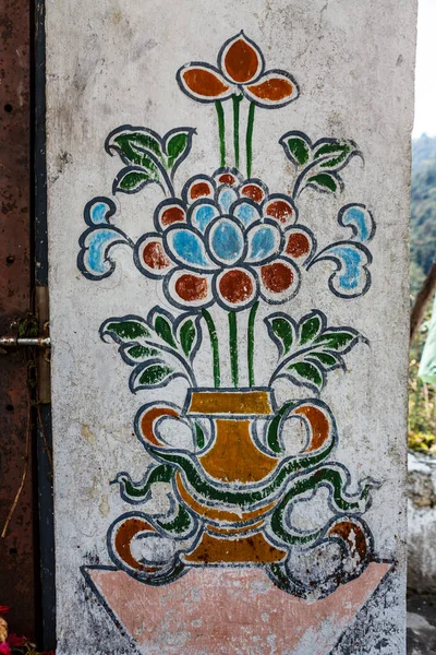 Pintura Mural Vaso Flores Templo Budista Butão Ásia — Fotografia de Stock