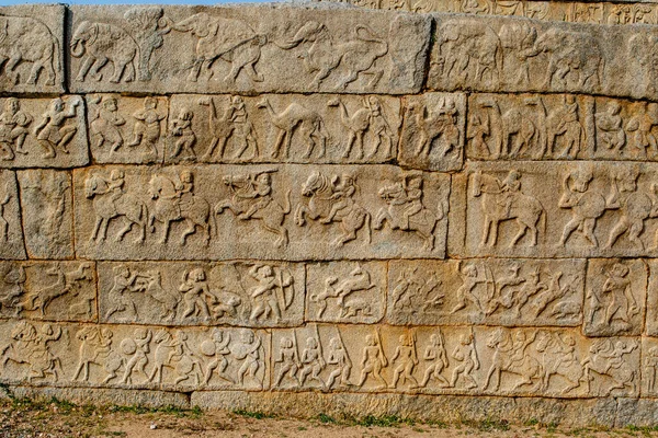 Rich decorated wall with elephant carvings, Mahanavani Dibba, Hampi, Karnataka, India